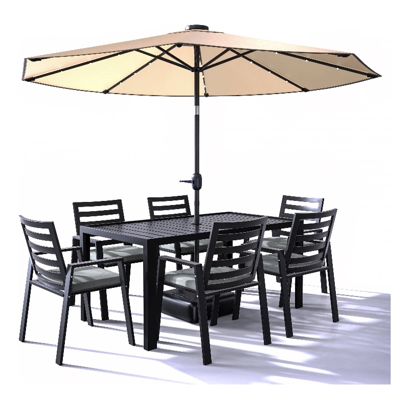 LeisureMod Chelsea 7-Piece Outdoor Dining Set in Black Aluminum Charcoal Black