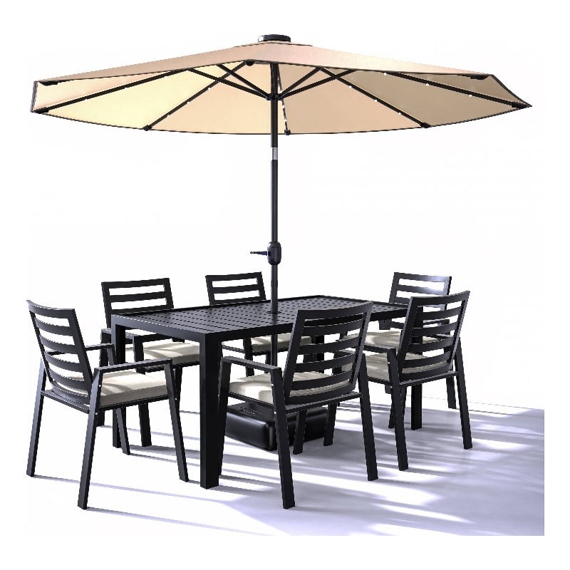LeisureMod Chelsea 7-Piece Outdoor Dining Set in Black Aluminum Beige