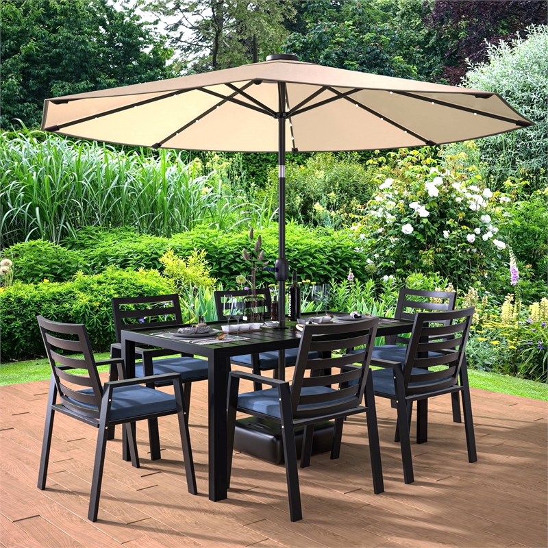 LeisureMod Chelsea 7-Piece Outdoor Dining Set in Black Aluminum Charcoal Blue