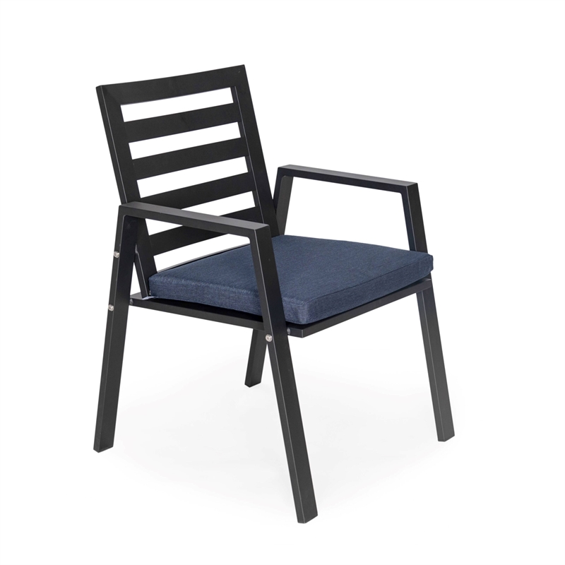 LeisureMod Chelsea 7-Piece Outdoor Dining Set in Black Aluminum Charcoal Blue