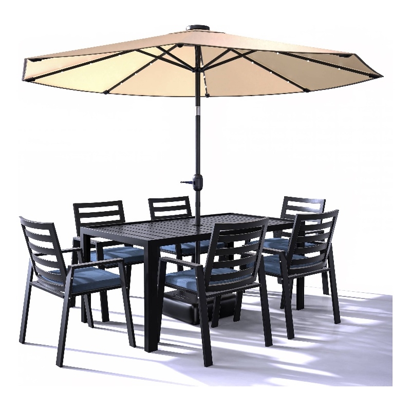 LeisureMod Chelsea 7-Piece Outdoor Dining Set in Black Aluminum Charcoal Blue