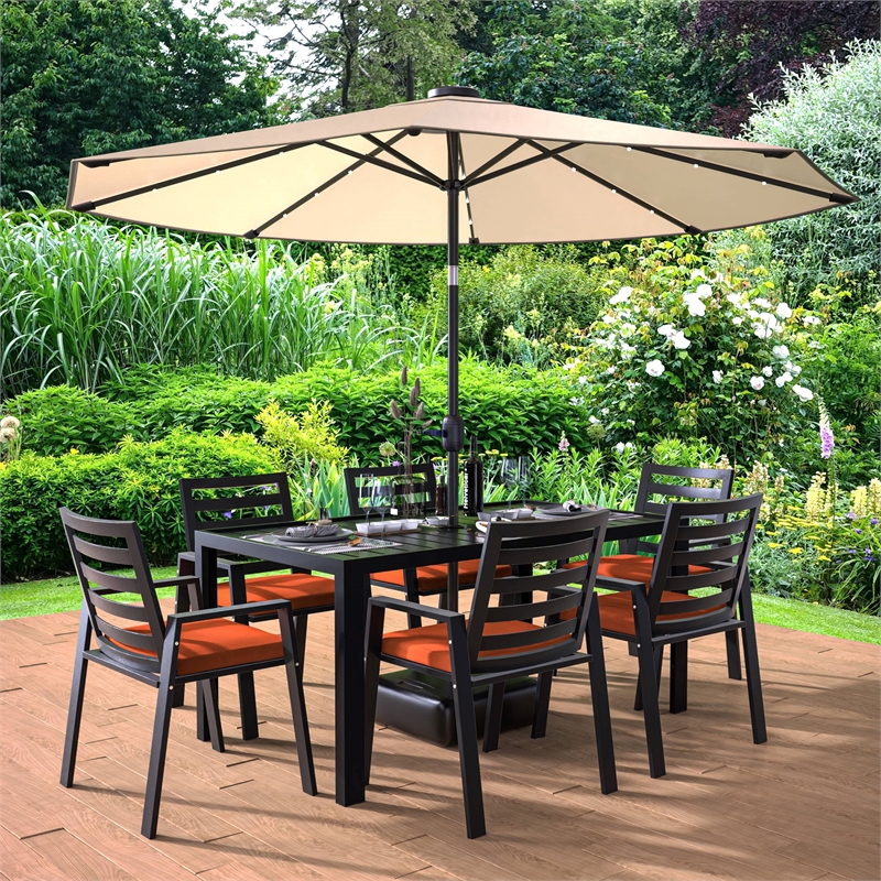 LeisureMod Chelsea 7-Piece Outdoor Dining Set in Black Aluminum Cherry