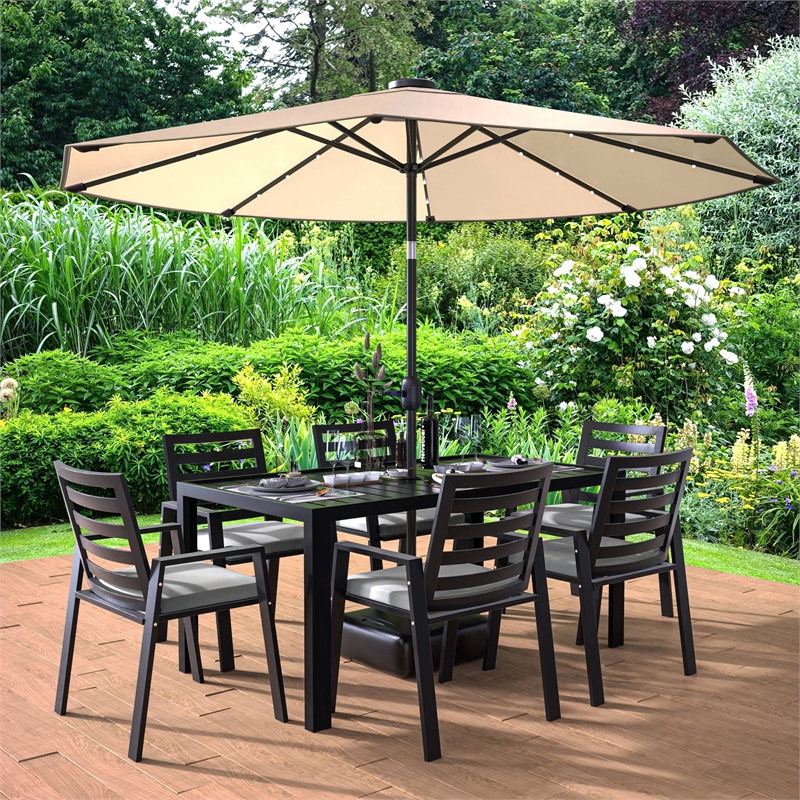 LeisureMod Chelsea 7-Piece Outdoor Dining Set in Black Aluminum Light Gray