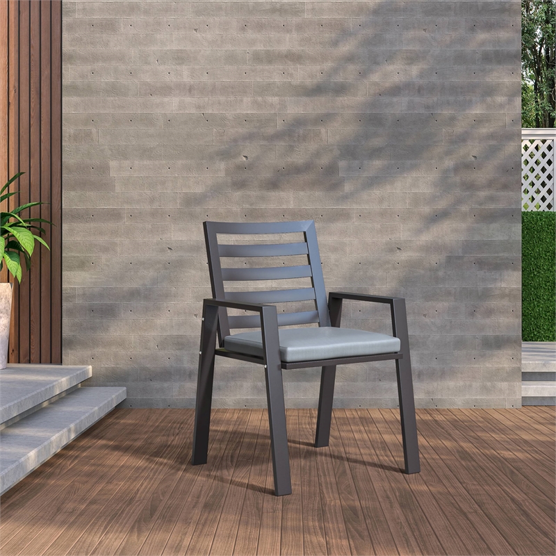LeisureMod Chelsea 7-Piece Outdoor Dining Set in Black Aluminum Light Gray