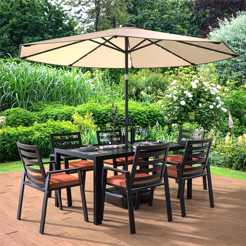 LeisureMod Chelsea 7-Piece Outdoor Dining Set in Black Aluminum Orange