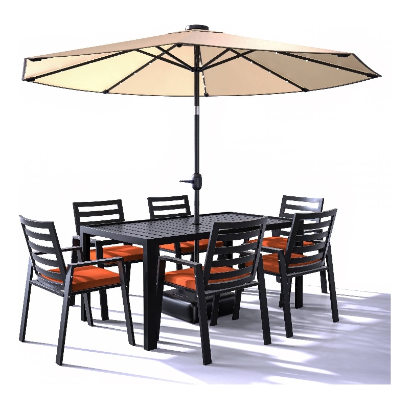 LeisureMod Chelsea 7-Piece Outdoor Dining Set in Black Aluminum Orange