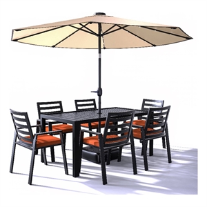 LeisureMod Chelsea 7-Piece Outdoor Dining Set in Black Aluminum Orange
