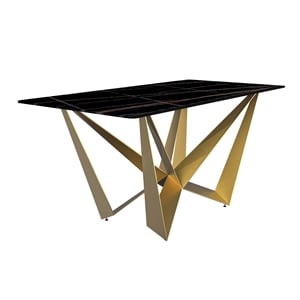 LeisureMod Nuvor Dining Table with a Stone 55&quot Top and Steel Base Black Gold