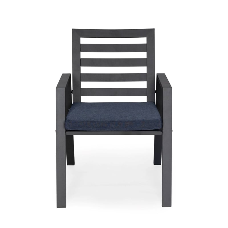 LeisureMod Chelsea Patio Dining Chair in Black Aluminum Set of 2 Charcoal Blue
