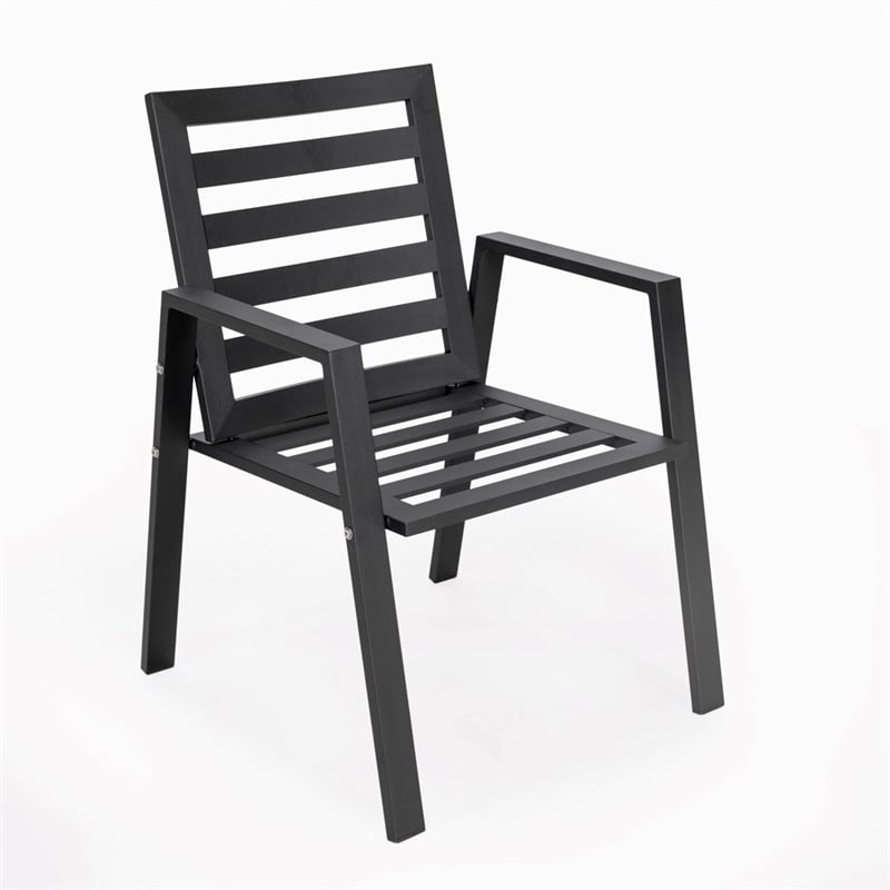 LeisureMod Chelsea Patio Dining Chair in Black Aluminum Set of 2 Charcoal Blue