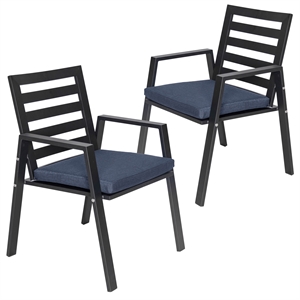 LeisureMod Chelsea Patio Dining Chair in Black Aluminum Set of 2 Charcoal Blue