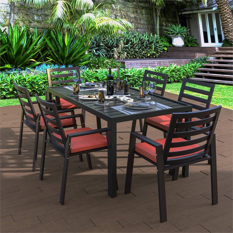 LeisureMod Chelsea Patio Dining Chair in Black Aluminum Set of 2 Cherry Red