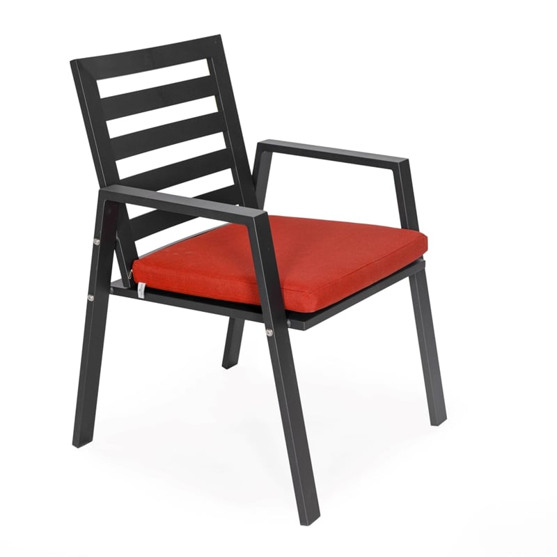 LeisureMod Chelsea Patio Dining Chair in Black Aluminum Set of 2 Cherry Red