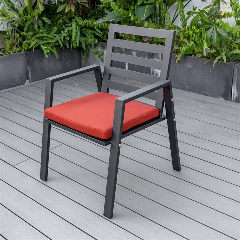 LeisureMod Chelsea Patio Dining Chair in Black Aluminum Set of 2 Cherry Red