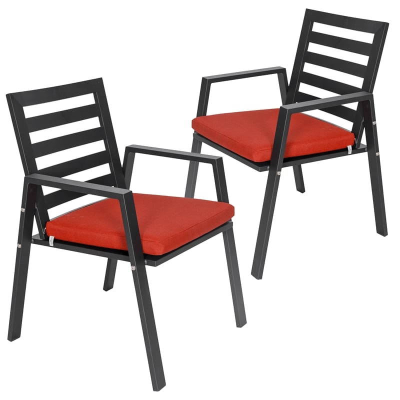 LeisureMod Chelsea Patio Dining Chair in Black Aluminum Set of 2 Cherry Red