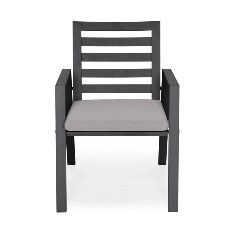 LeisureMod Chelsea Patio Dining Chair in Black Aluminum Set of 2 Light Grey