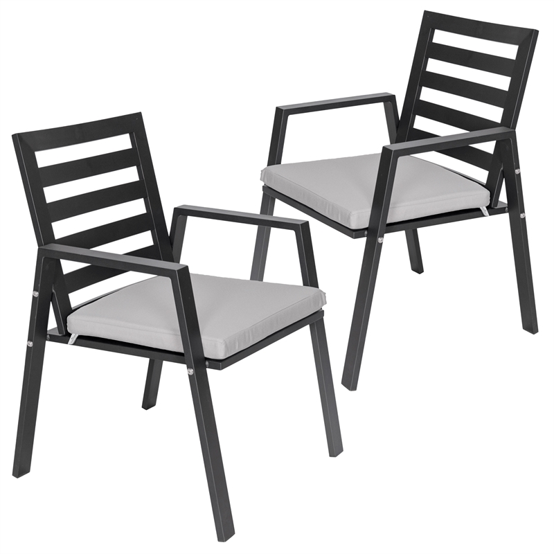 LeisureMod Chelsea Patio Dining Chair in Black Aluminum Set of 2 Light Grey