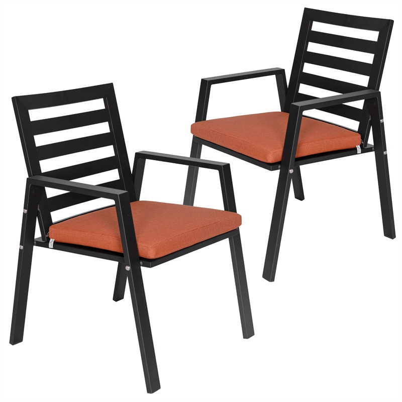 LeisureMod Chelsea Patio Dining Chair in Black Aluminum Set of 2 Orange