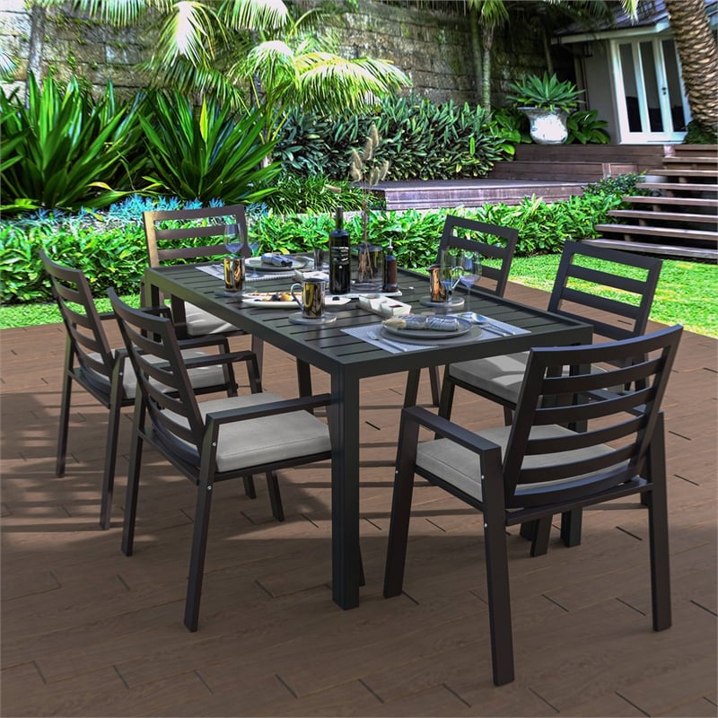 LeisureMod Chelsea Patio Dining Chair in Black Aluminum Set of 2 Beige
