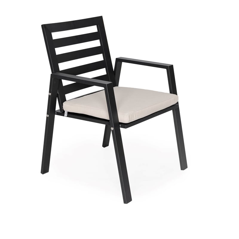 LeisureMod Chelsea Patio Dining Chair in Black Aluminum Set of 2 Beige