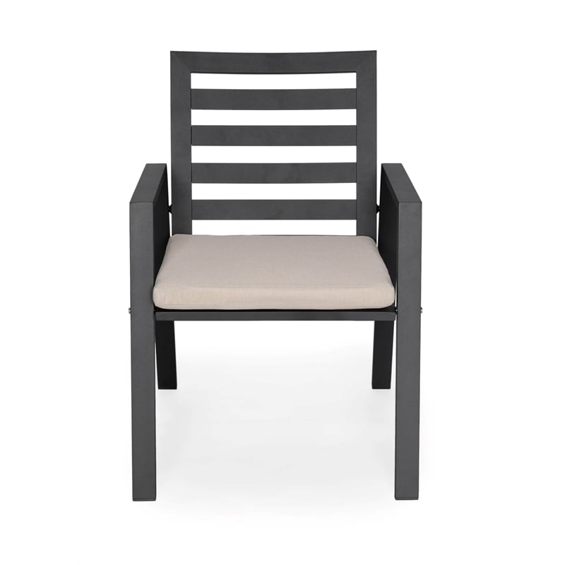 LeisureMod Chelsea Patio Dining Chair in Black Aluminum Set of 2 Beige