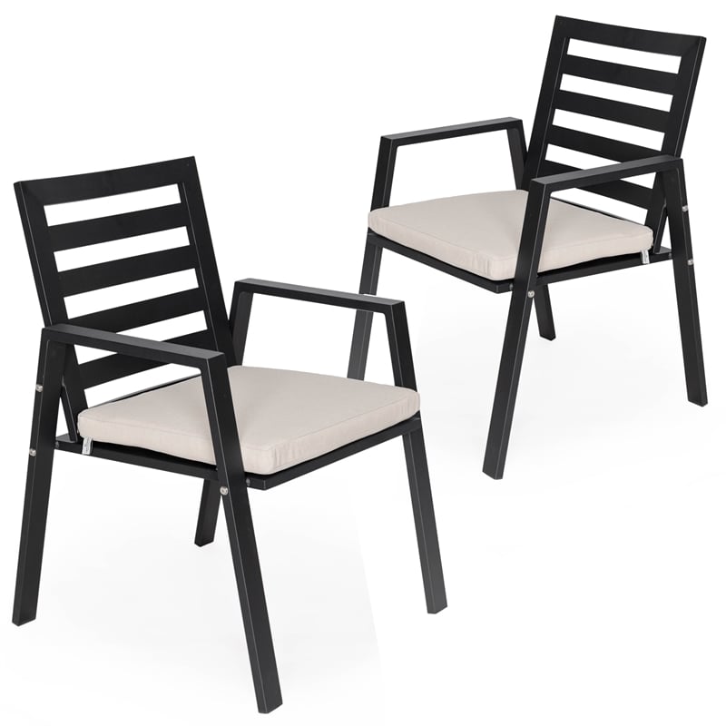 LeisureMod Chelsea Patio Dining Chair in Black Aluminum Set of 2 Beige