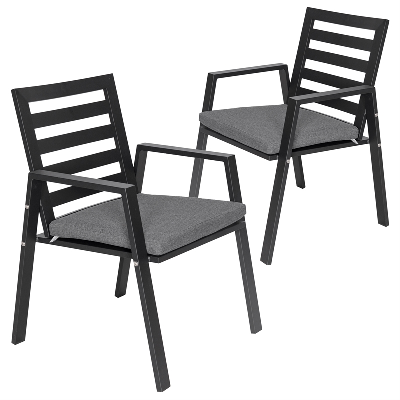 LeisureMod Chelsea Patio Dining Chair in Black Aluminum Set of 2 Black