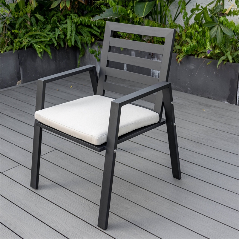 LeisureMod Chelsea Patio Dining Chair in Black Aluminum Set of 4 Beige