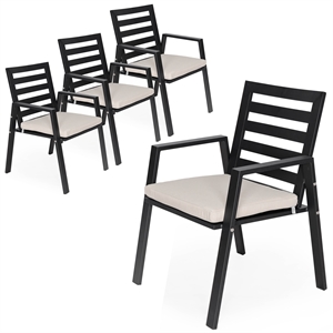 LeisureMod Chelsea Patio Dining Chair in Black Aluminum Set of 4 Beige