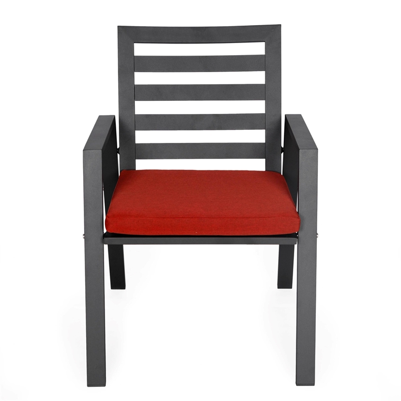LeisureMod Chelsea Patio Dining Chair in Black Aluminum Set of 4 Cherry Red