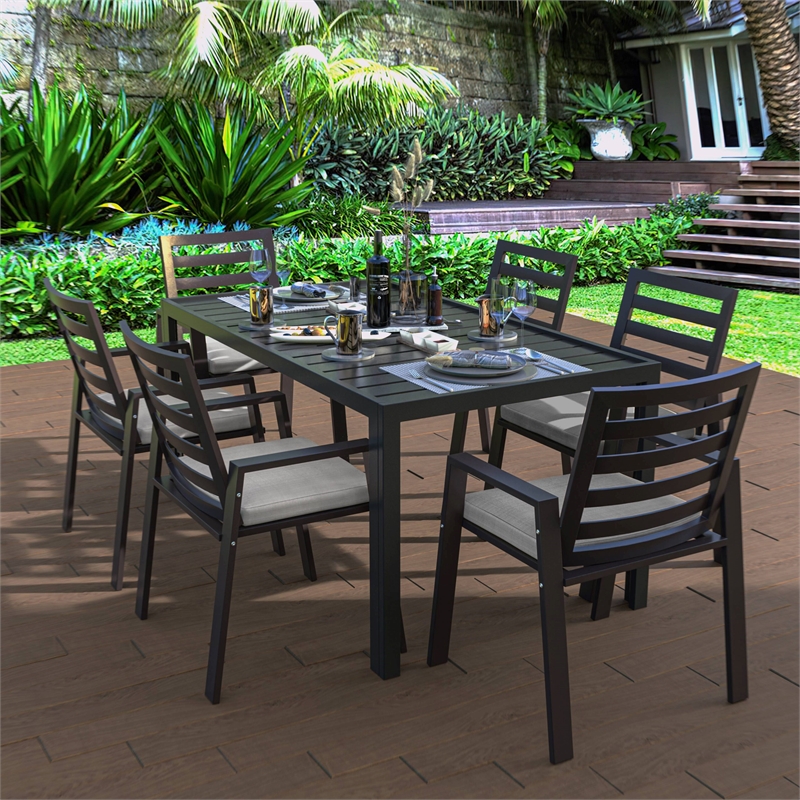 LeisureMod Chelsea Patio Dining Chair in Black Aluminum Set of 4 Light Grey