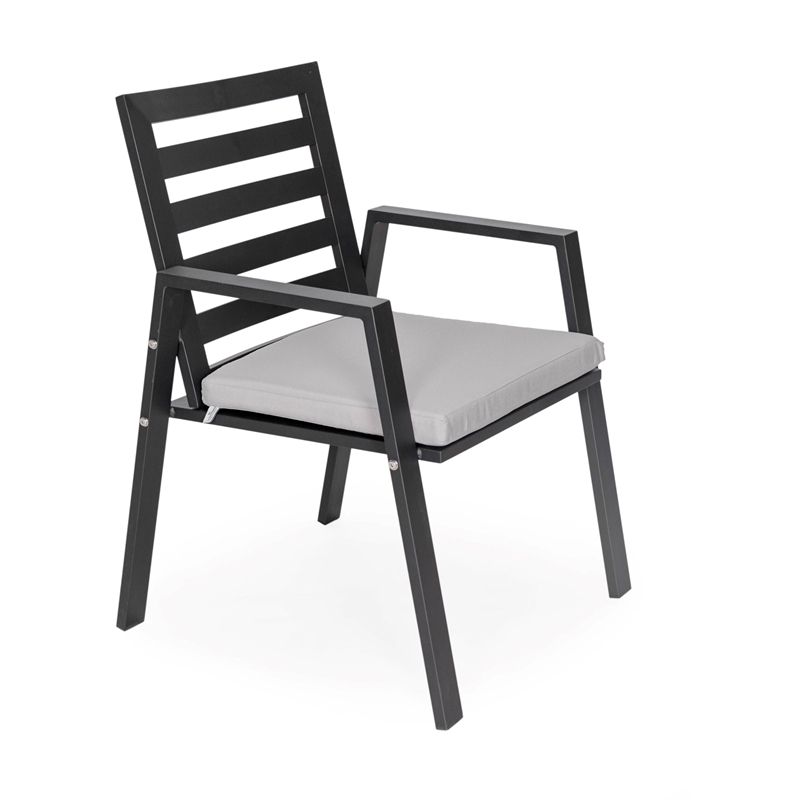 LeisureMod Chelsea Patio Dining Chair in Black Aluminum Set of 4 Light Grey