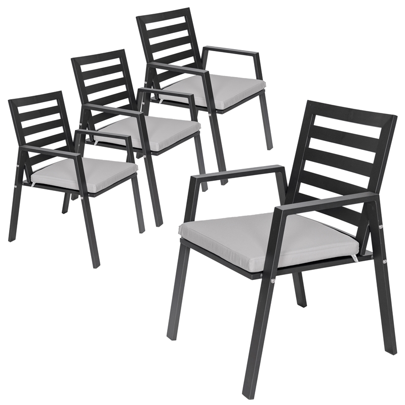 LeisureMod Chelsea Patio Dining Chair in Black Aluminum Set of 4 Light Grey