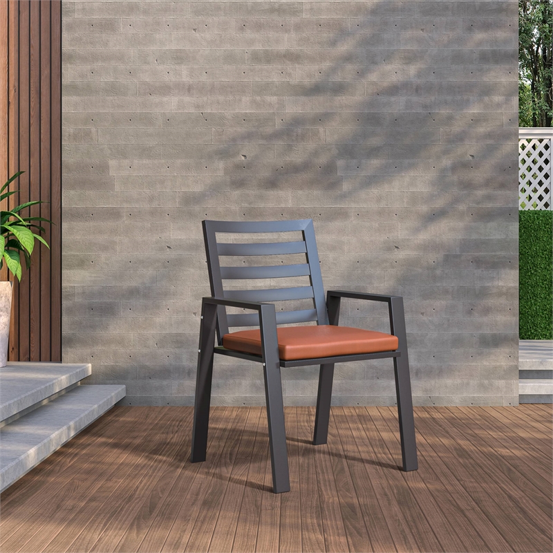LeisureMod Chelsea Patio Dining Chair in Black Aluminum Set of 4 Orange