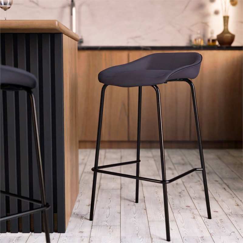 LeisureMod Servos Barstool with Faux Leather Seat in Black (Set of 2)