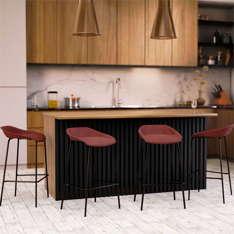 LeisureMod Servos Barstool with Faux Leather Seat Set of 2 Red
