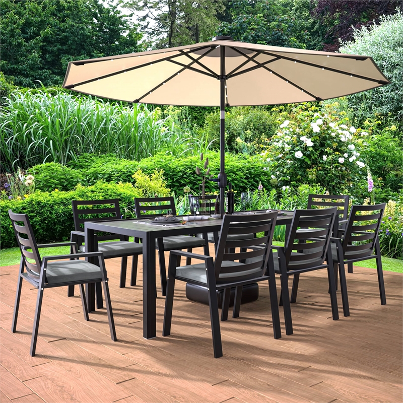 LeisureMod Chelsea 9-Piece Outdoor Dining Set in Black Aluminum Charcoal Black