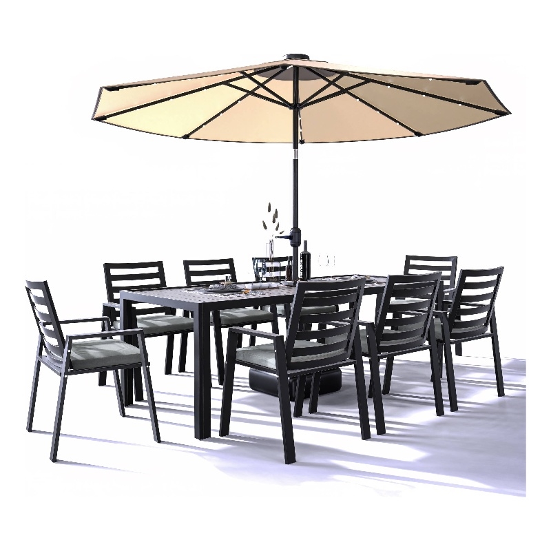 LeisureMod Chelsea 9-Piece Outdoor Dining Set in Black Aluminum Charcoal Black