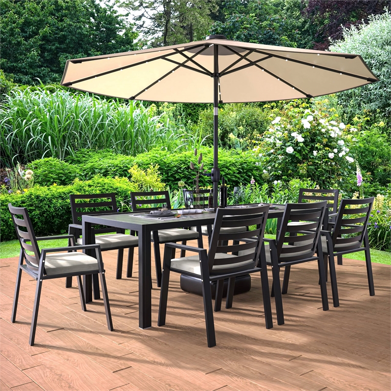 LeisureMod Chelsea 9-Piece Outdoor Dining Set in Black Aluminum Beige