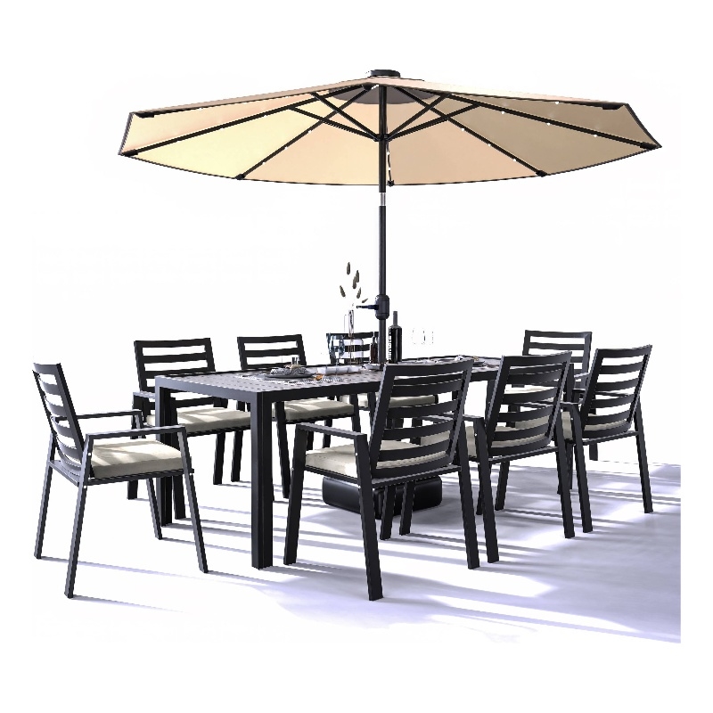 LeisureMod Chelsea 9-Piece Outdoor Dining Set in Black Aluminum Beige