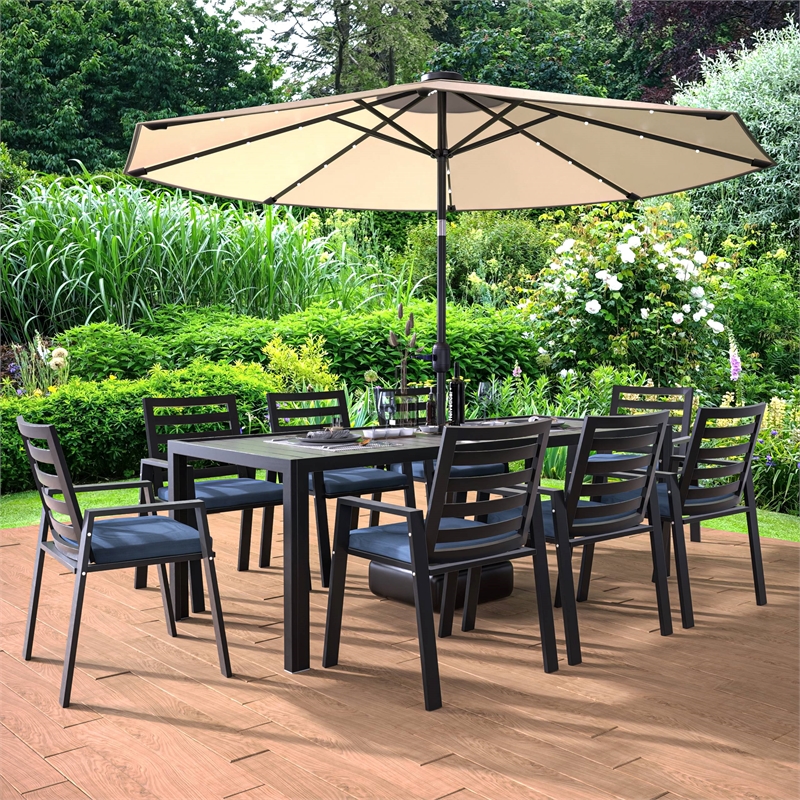 LeisureMod Chelsea 9-Piece Outdoor Dining Set in Black Aluminum Charcoal Blue