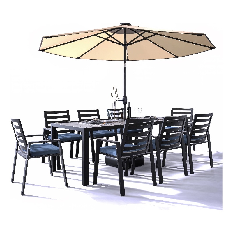 LeisureMod Chelsea 9-Piece Outdoor Dining Set in Black Aluminum Charcoal Blue