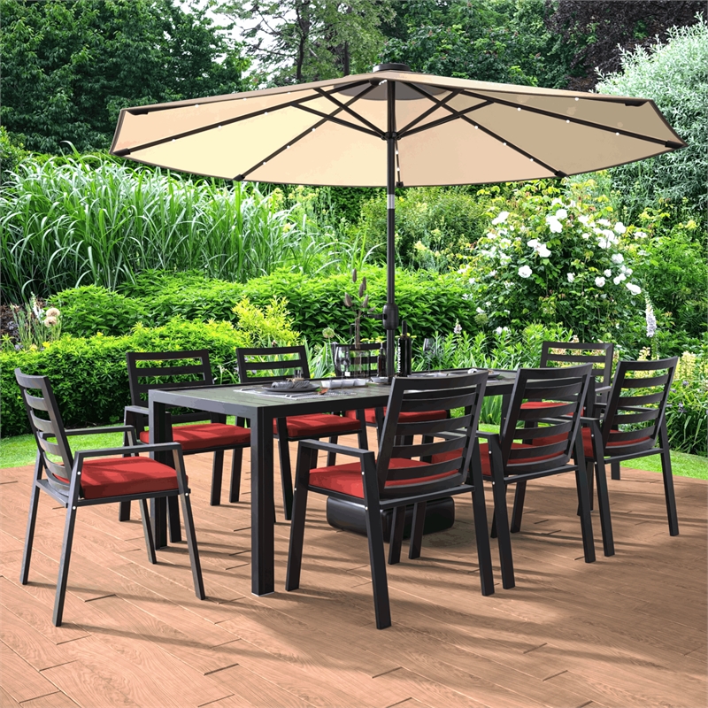 LeisureMod Chelsea 9-Piece Outdoor Dining Set in Black Aluminum Cherry