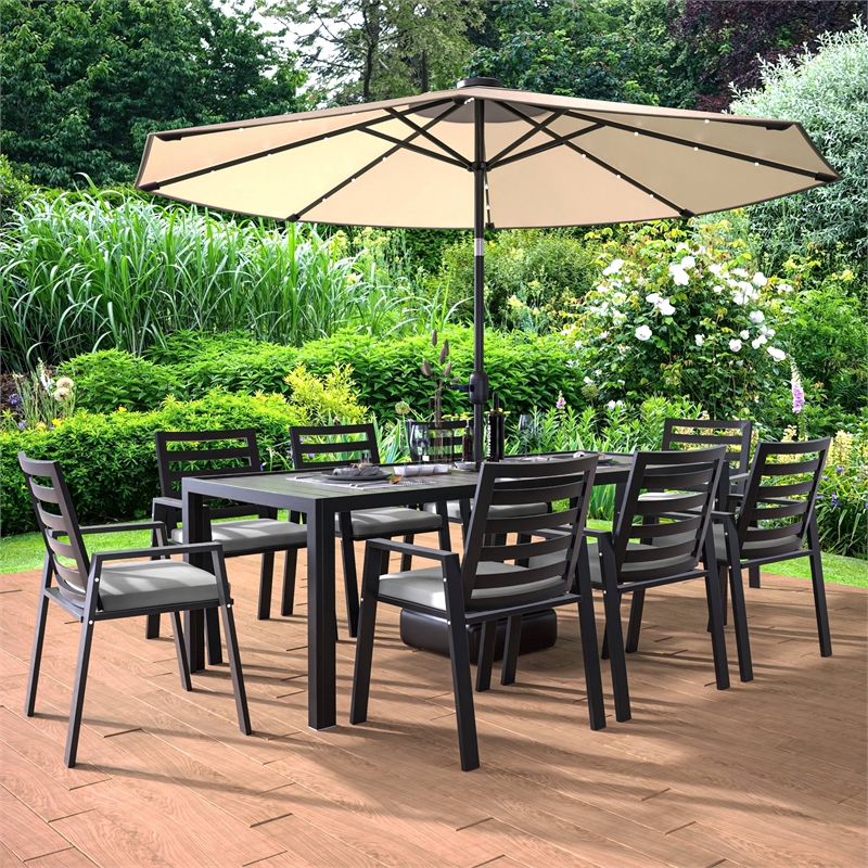 LeisureMod Chelsea 9-Piece Outdoor Dining Set in Black Aluminum Light Gray