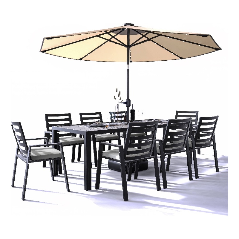 LeisureMod Chelsea 9-Piece Outdoor Dining Set in Black Aluminum Light Gray