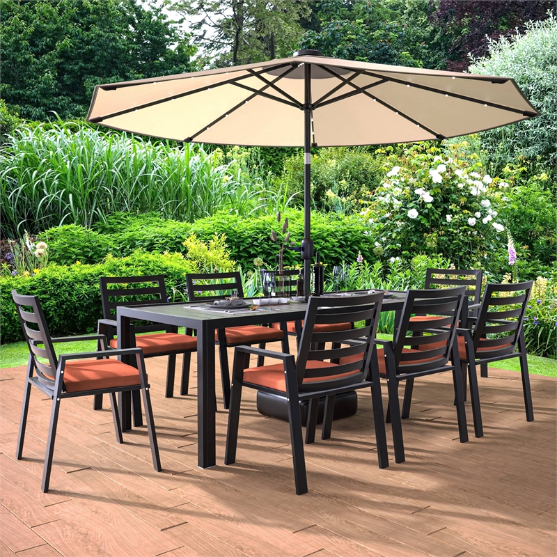 LeisureMod Chelsea 9-Piece Outdoor Dining Set in Black Aluminum Orange