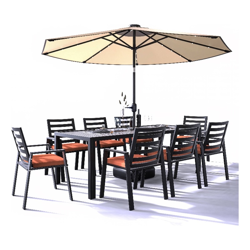 LeisureMod Chelsea 9-Piece Outdoor Dining Set in Black Aluminum Orange