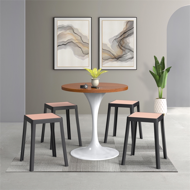 LeisureMod Tresse Stackable Square Plastic Dining Stool with Wicker Top Black