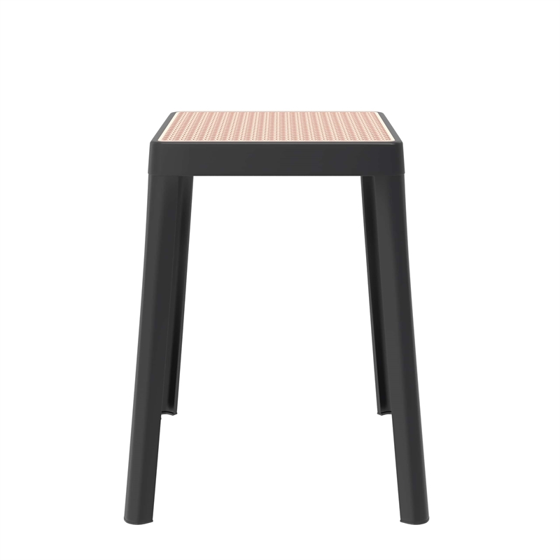 LeisureMod Tresse Stackable Square Plastic Dining Stool with Wicker Top Black
