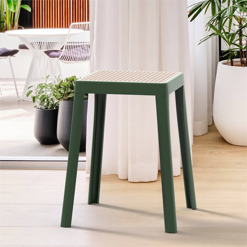 LeisureMod Tresse Stackable Square Plastic Dining Stool with Wicker Top Green